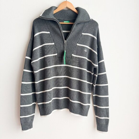 United Colors of Benetton Grey White Stripe Cotton Pullover M - Picture 1 of 8
